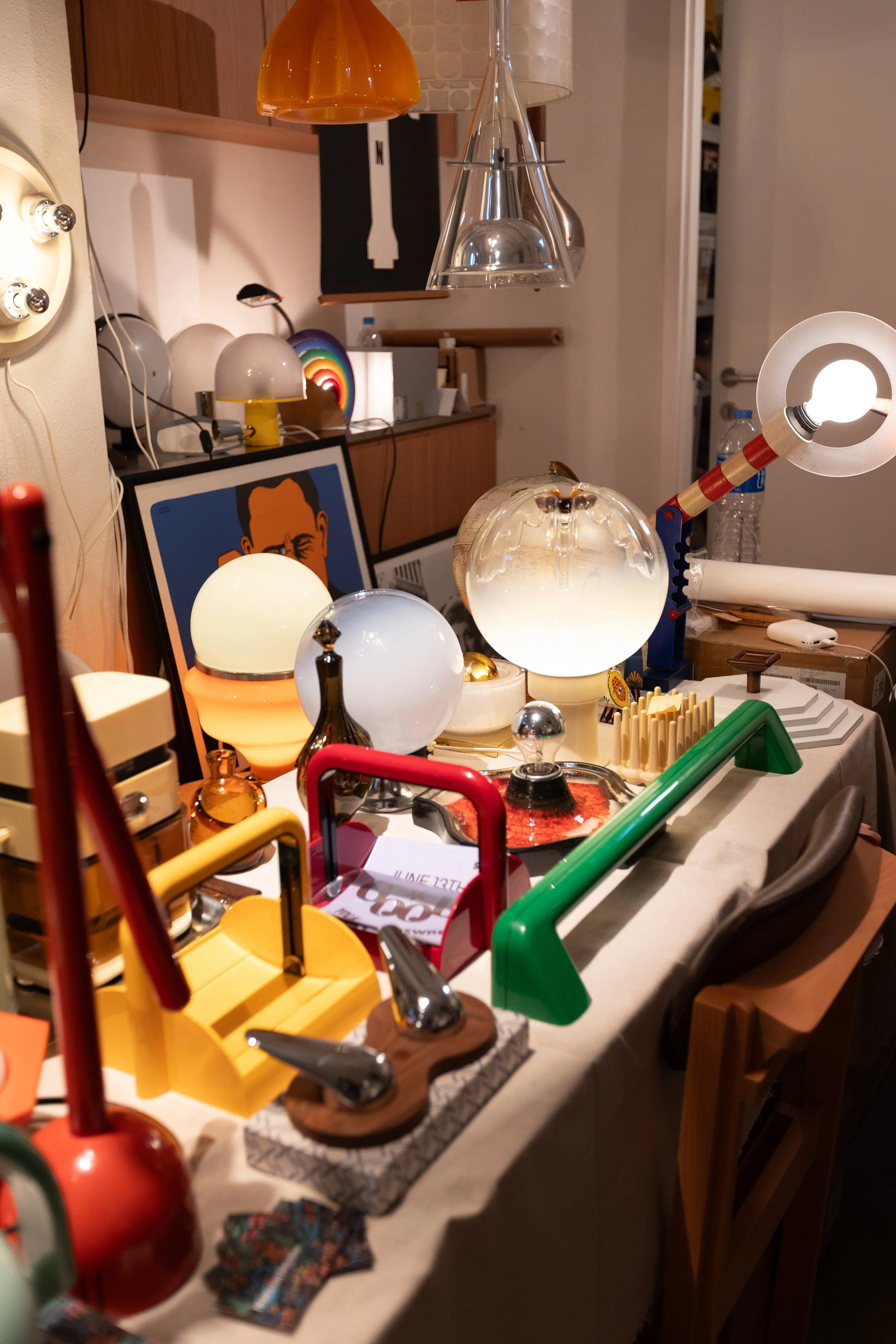 Editorial — vintage lamps and lighting display, Social Goods Modern Bakery community feature.