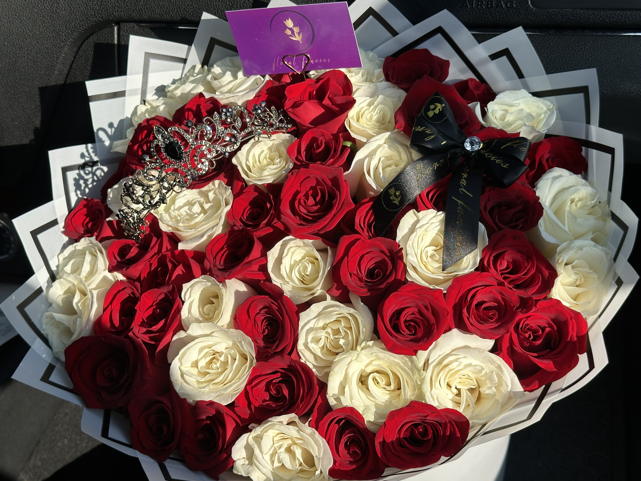 Red and White Rose Tiara Bouquet
