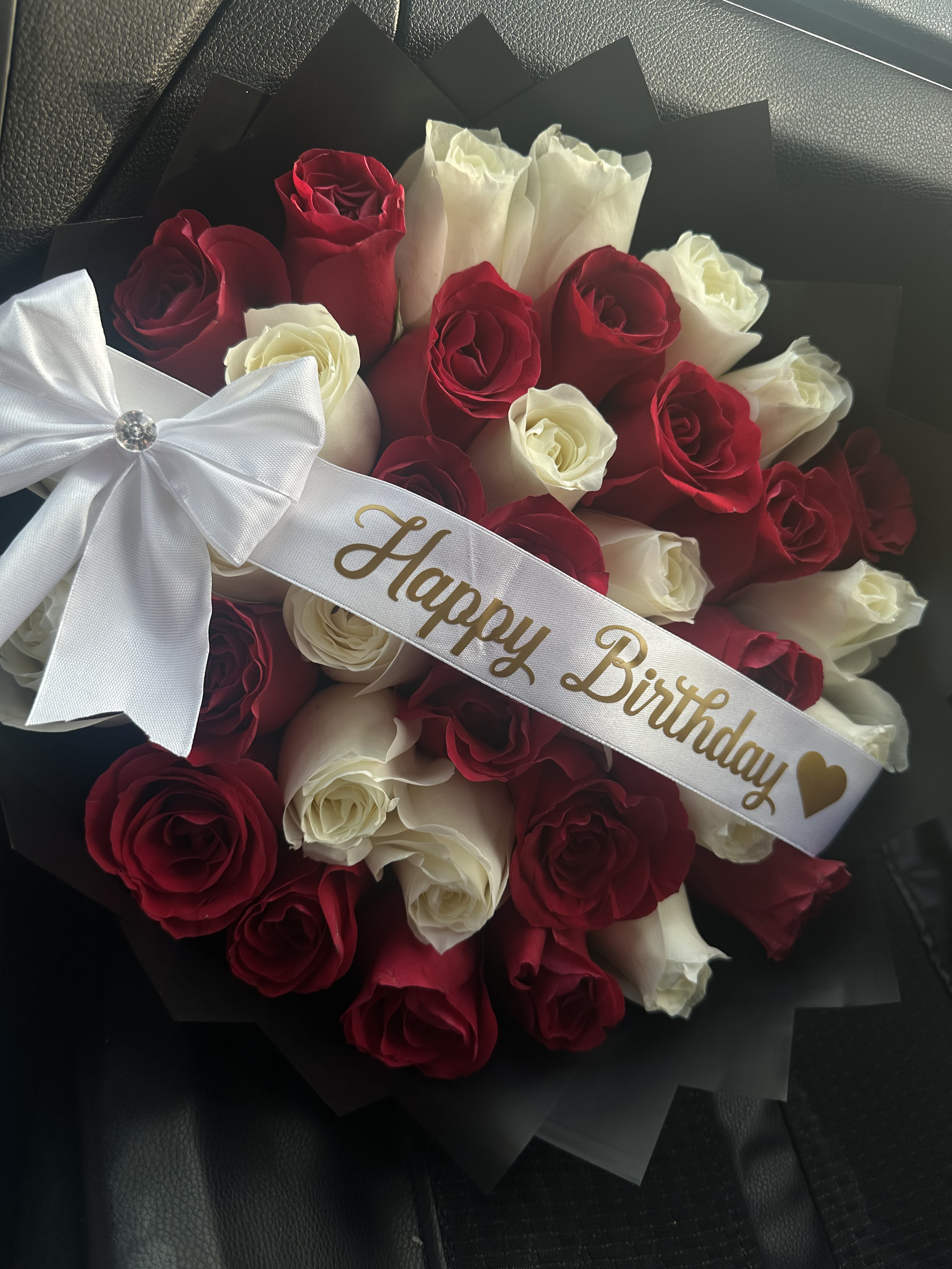 Happy Birthday Bouquet - White and Red Roses