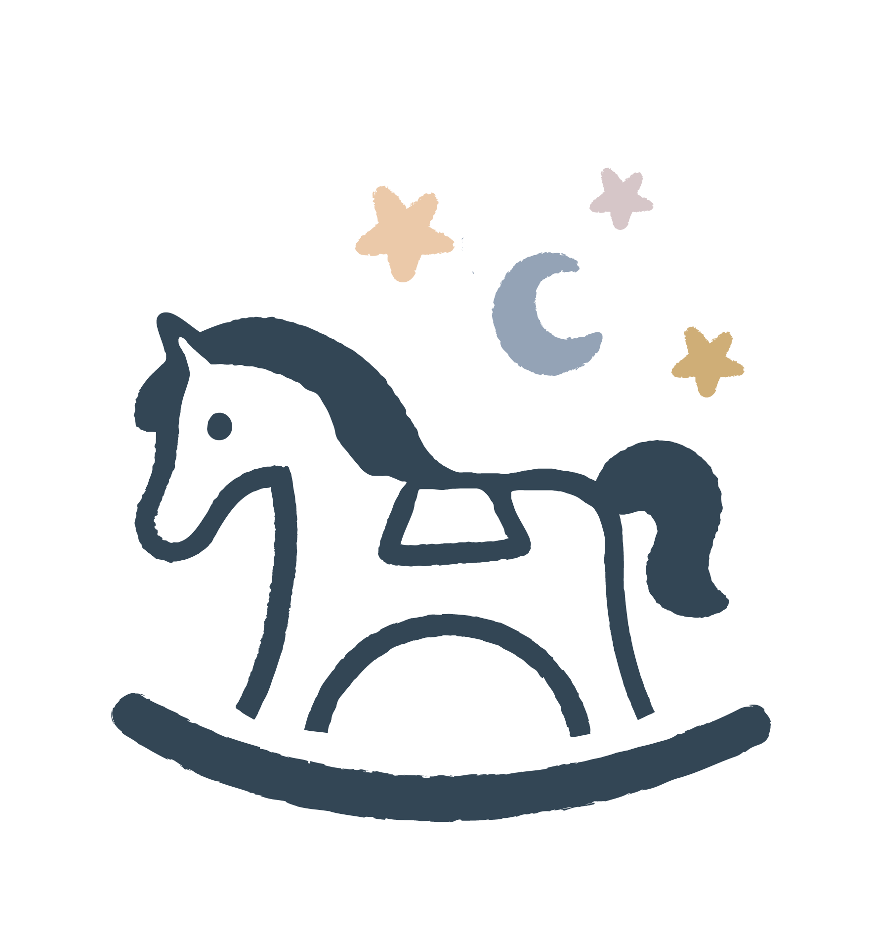 Colorful illustration of a rocking horse, stars, a crescent moon, and a rainbow against a black background.