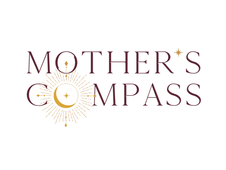 Black background with the words "Mother's Compass" in large purple text and a decorative gold and purple celestial design featuring a crescent moon, a star, and radiating lines.