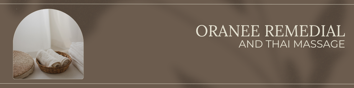 A promotional banner for Oranee Remedial and Thai massage with a small inset photo of neatly folded towels and a natural spa setting.