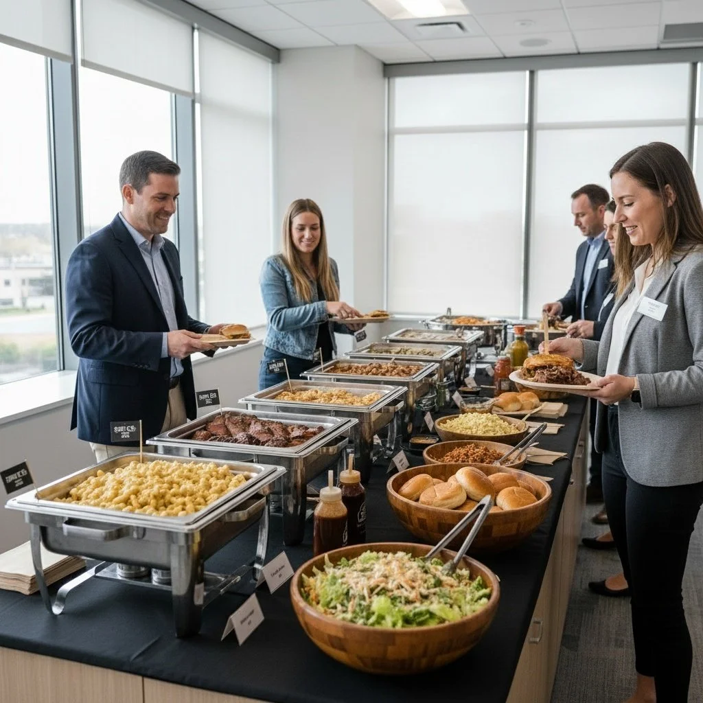 People serving themselves food from a buffet in a modern conference room with large windows.