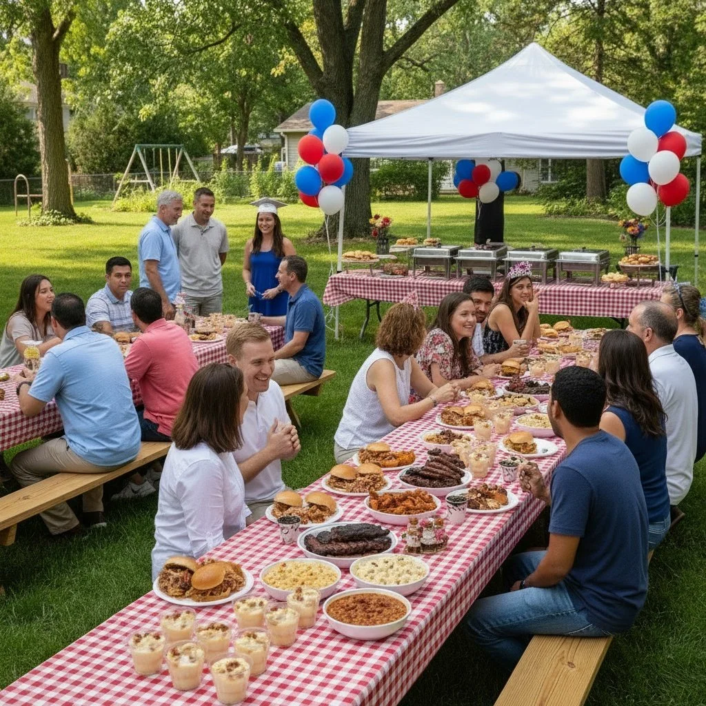 People gathered at an outdoor party with long tables covered in red and white checkered tablecloths, filled with various dishes and desserts. There is a white canopy decorated with red, white, and blue balloons, set up in a grassy backyard with trees and a swing set in the background.