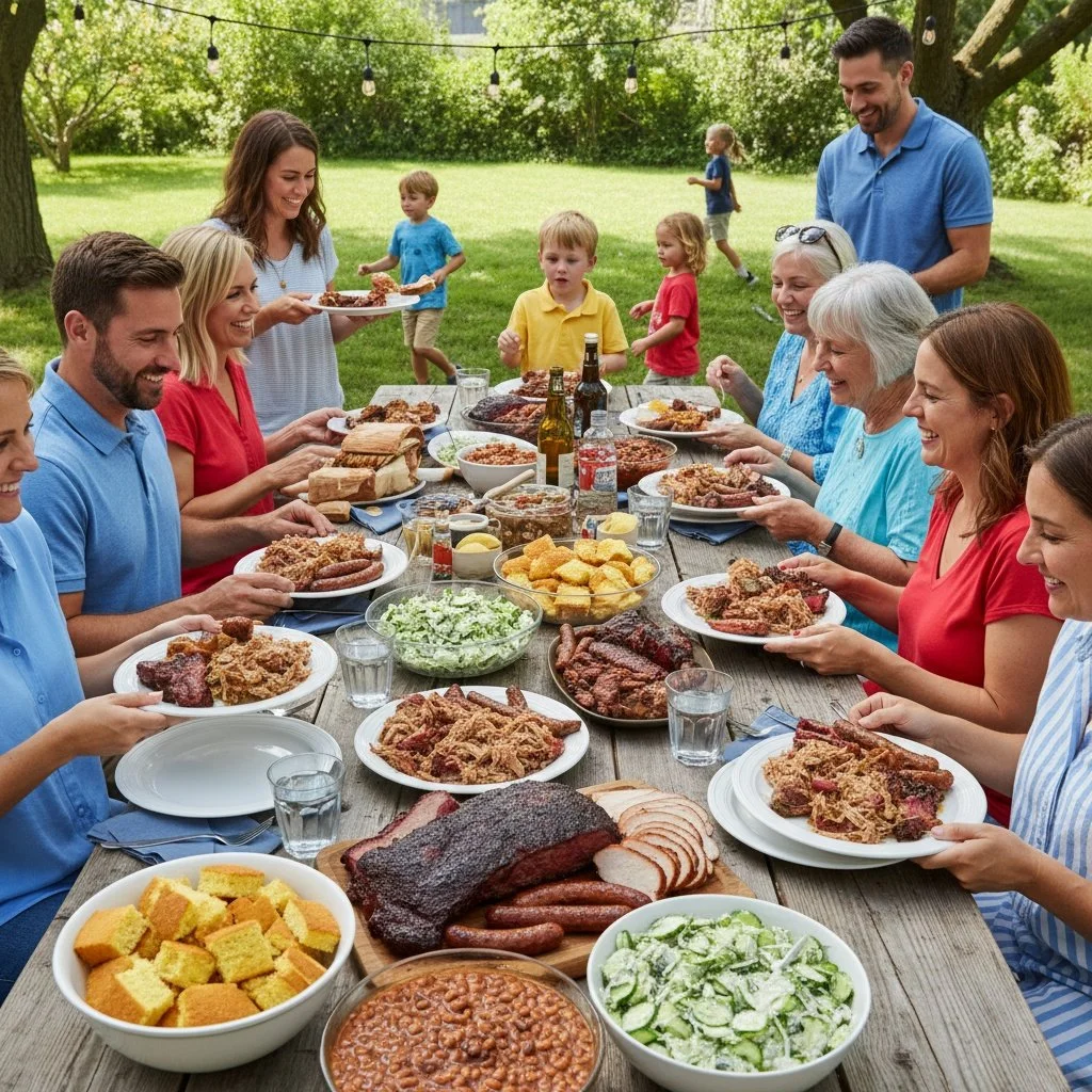 Family gathered around a long outdoor dining table enjoying a feast with barbecue meats, side dishes, and drinks on a sunny day in a backyard.