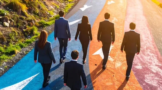 Six businesspeople walking on a colorful, divided road with different colored lanes and arrows.