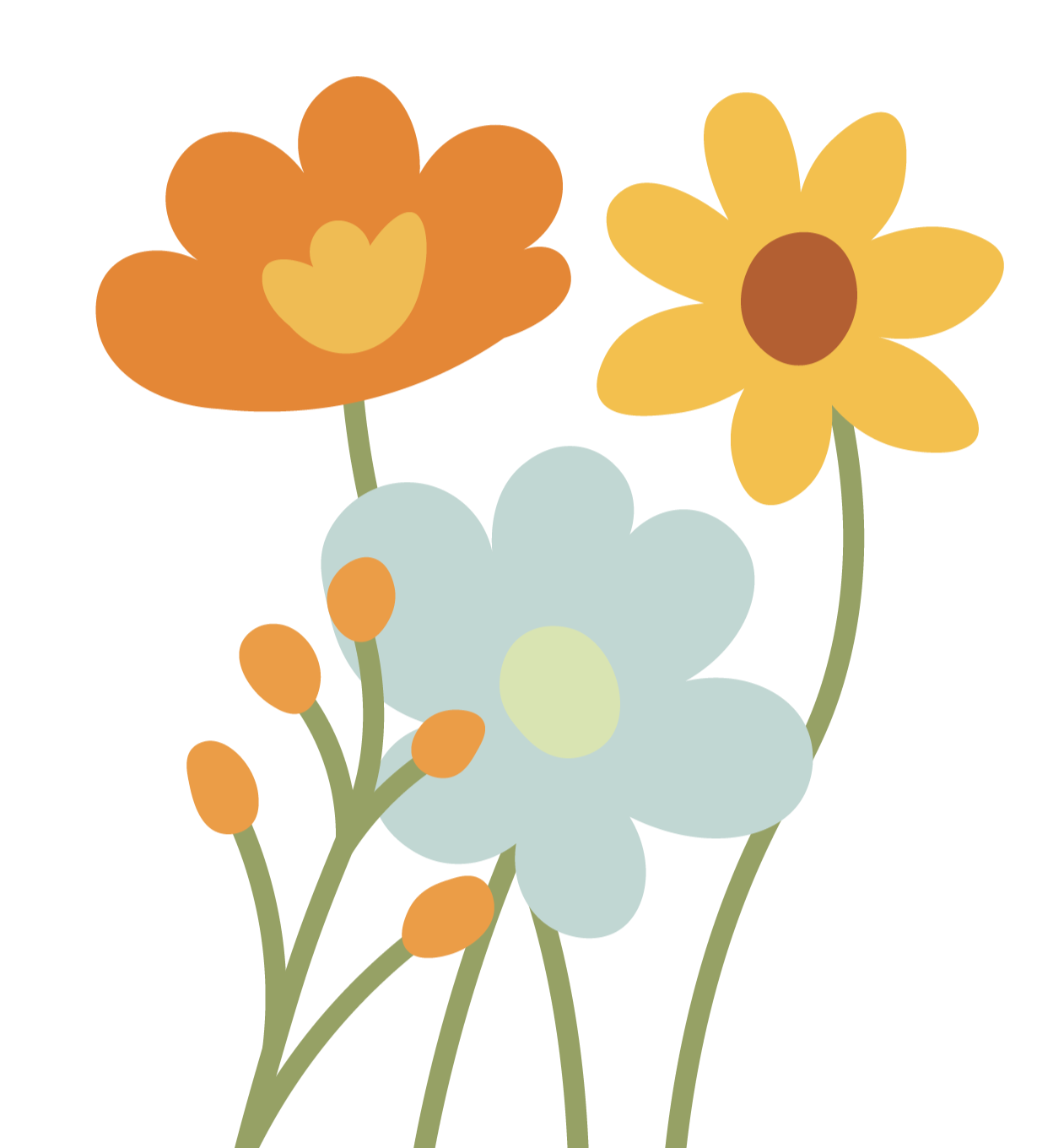 Illustration of three stylized flowers with green stems: an orange flower with a yellow heart-shaped center, a yellow flower with a brown center, and a pale blue flower with a light yellow center surrounded by small orange buds.