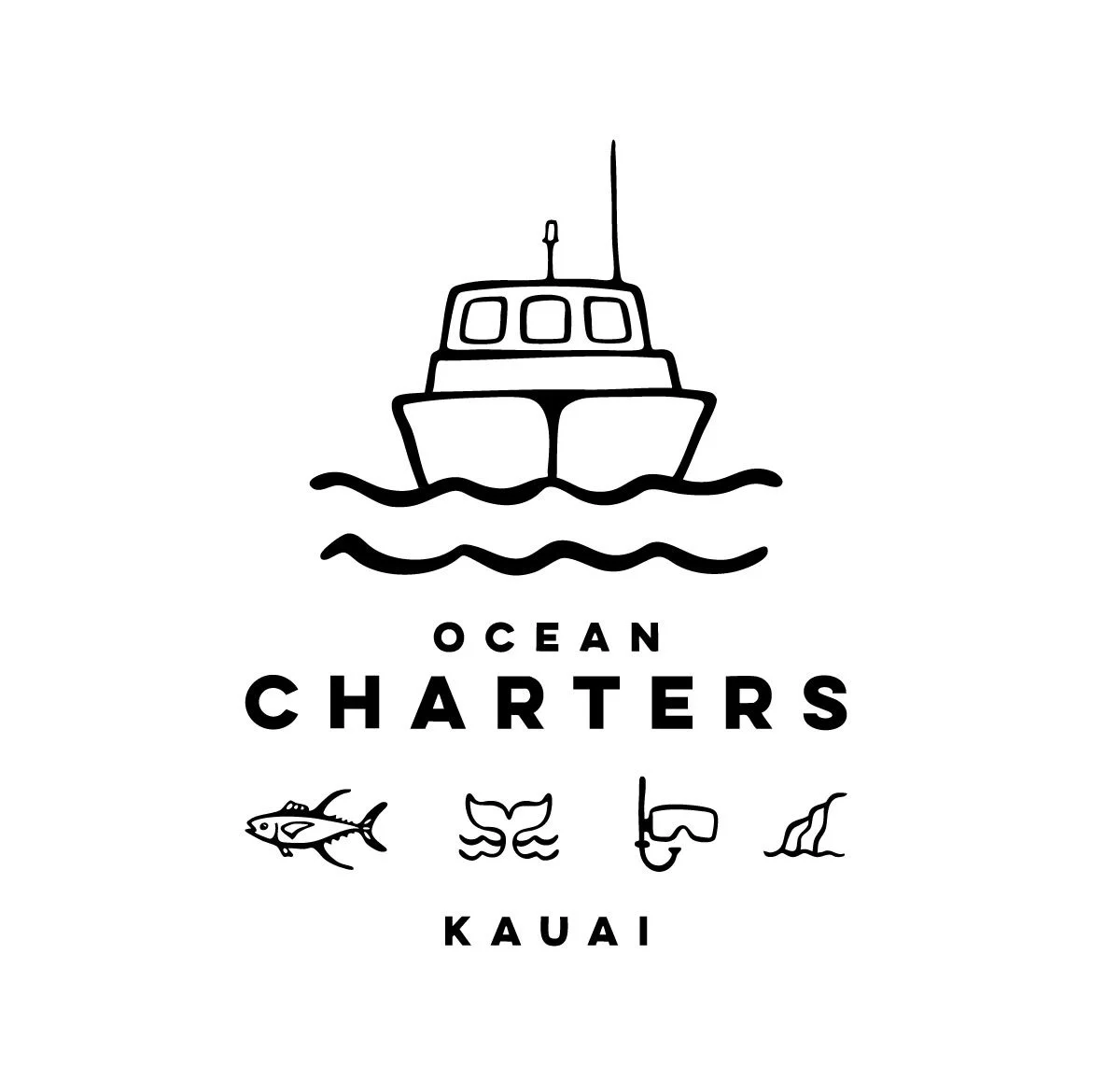 Logo of Ocean Charters in Kauai featuring a boat, fish, whale tail, snorkel mask, and a surfboard.