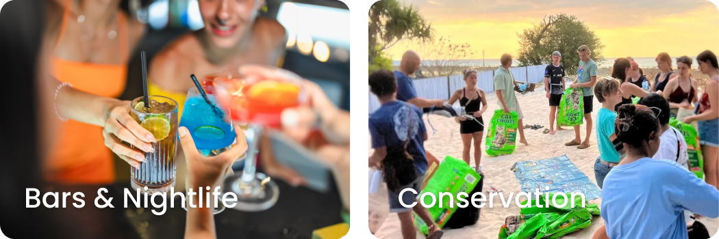 Left side: people holding colorful drinks at a bar or nightclub, right side: group of people participating in a beach cleanup with trash bags during sunset.