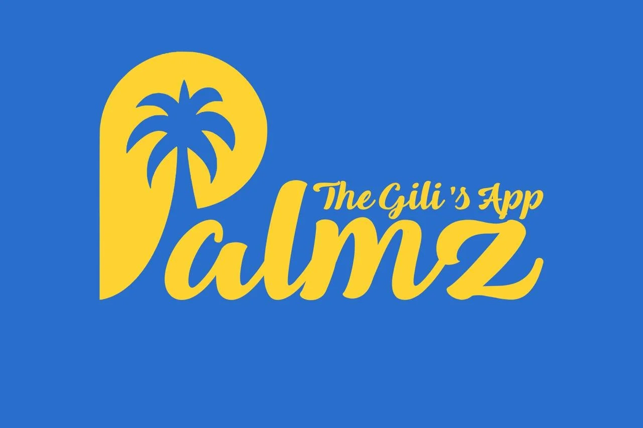 A blue background with a yellow circle featuring a silhouette of a palm tree. Text in yellow says "The Gili's App Palms".