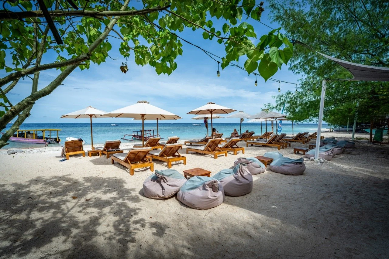 Beach scene with lounge chairs, umbrellas, and bean bags under trees, overlooking the ocean with boats in the distance.