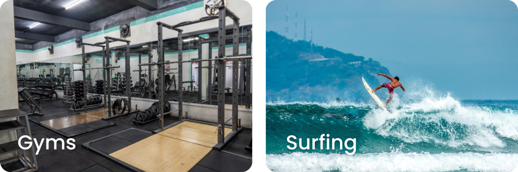 Left side: Interior of a gym on gili trawangan with weightlifting equipment, racks, and mirrors. Right side: A person surfing on a wave with hills and buildings in the background.