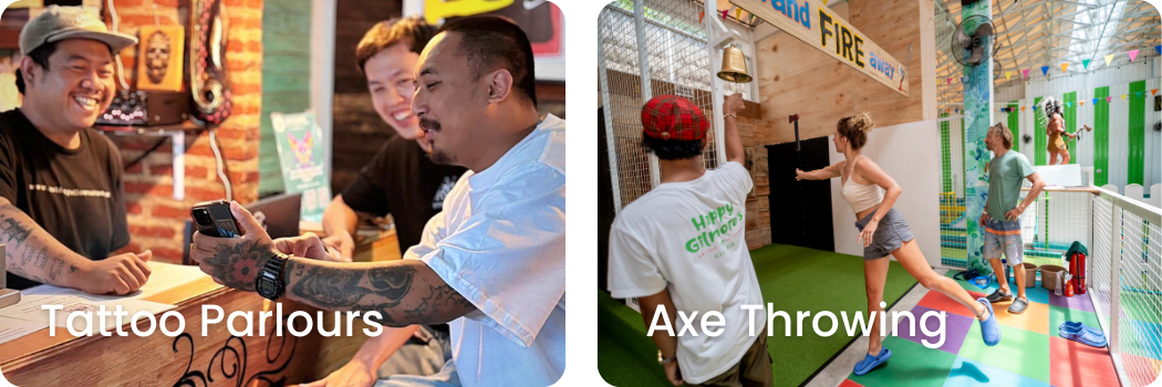 Left side: Three men smiling and talking at a tattoo parlour with tattoos visible on their arms. Right side: Two women and a man at an indoor axe throwing facility, with one woman in mid-throw and others watching.