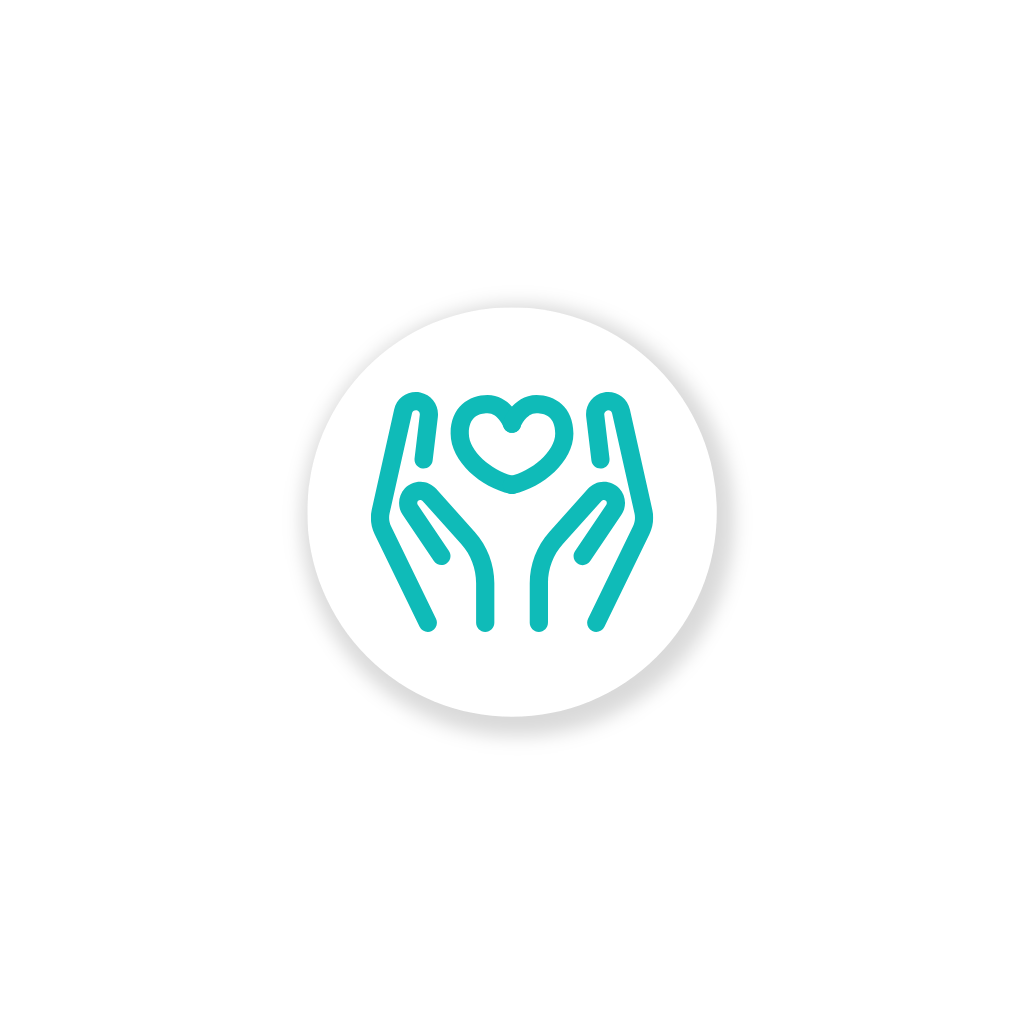 Illustration of two hands forming a heart shape with a smaller heart inside, set against a white circular background.