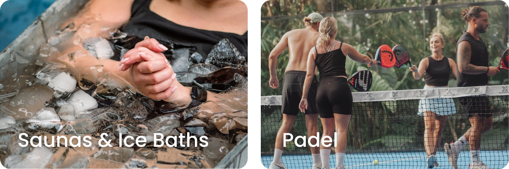 Left: Person's hands clasped in a circle, submerged in a tub of ice and water, with ice cubes floating around. Right: Group of four people on an outdoor padel court, two men and two women, holding paddles and preparing to play.