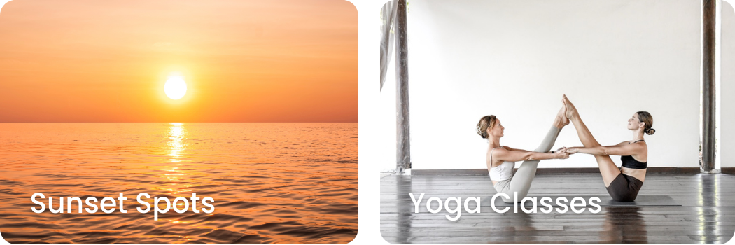 A sunset over the ocean with the sun reflecting on the water, and two women practicing partner yoga indoors, sitting on the floor with their legs extended and holding each other's hands.