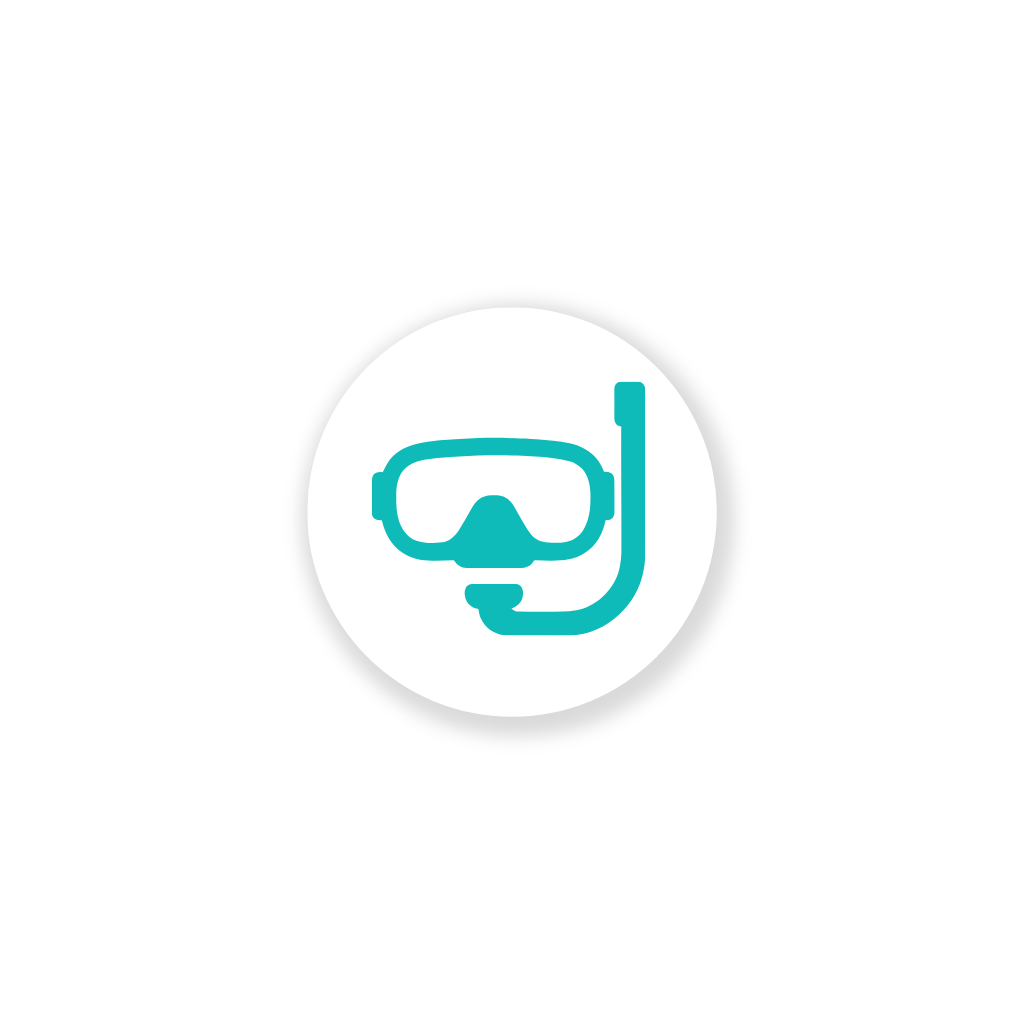 Icon of diving goggles and snorkel in blue on a white circle, surrounded by black.