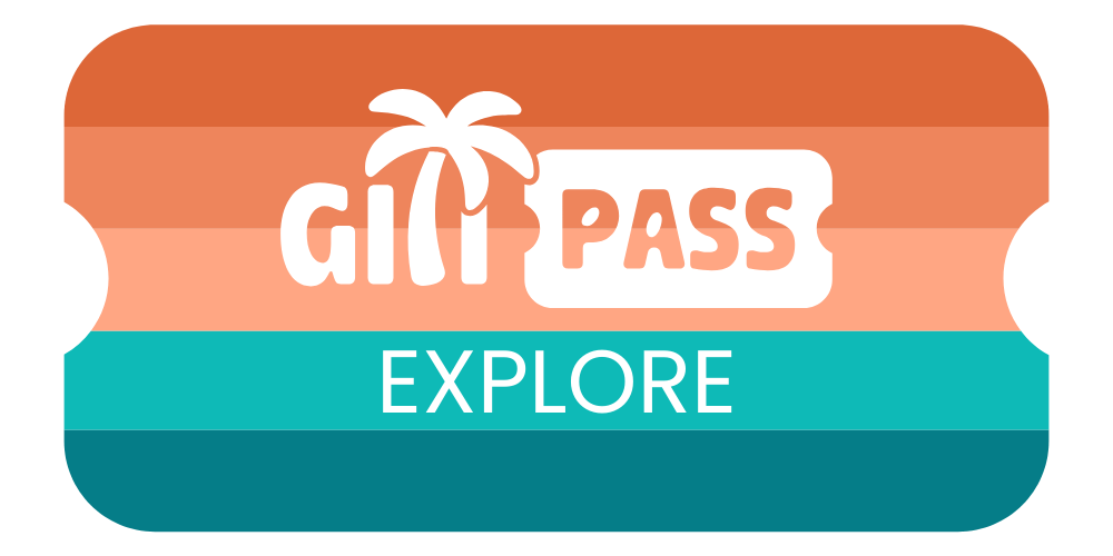 A gift pass for exploring, featuring a stylized palm tree and sunset or sunrise colors with a teal stripe at the bottom.