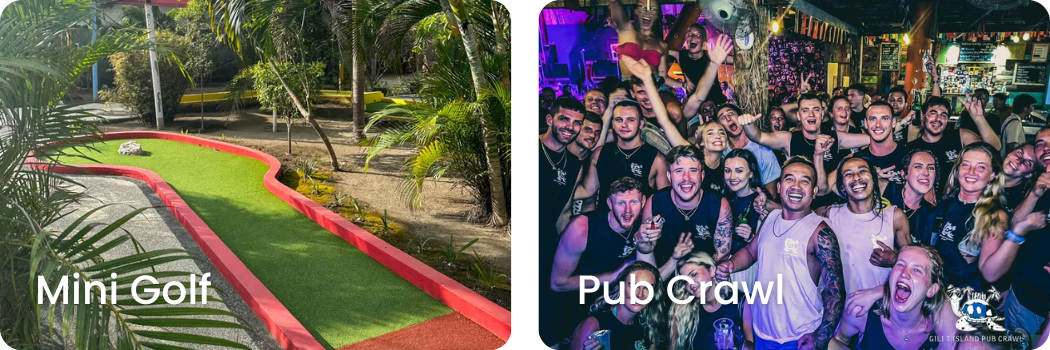Left image shows a mini golf course with a green putting surface and red border, surrounded by tropical plants. Right image depicts a group of people celebrating and enjoying themselves at a pub crawl, with colorful lights and bar setting in the background.