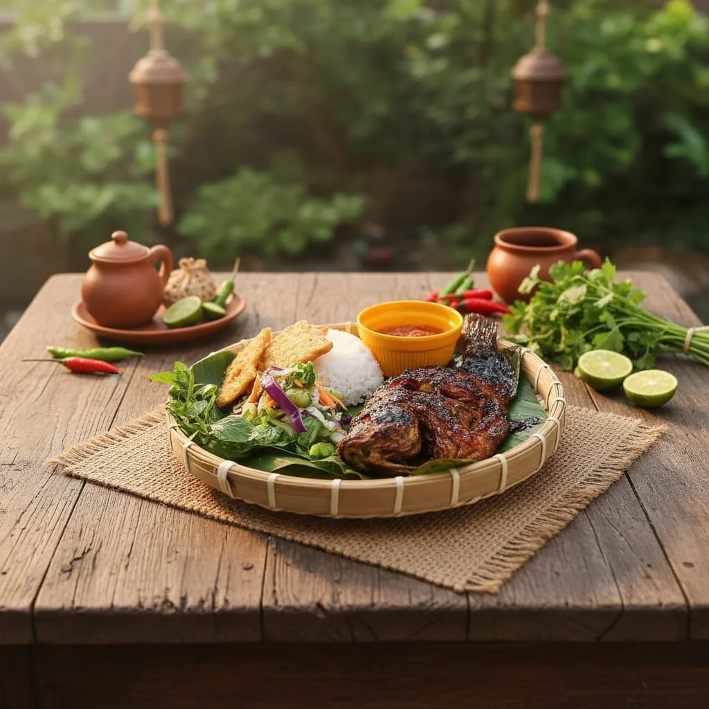 A Thai-style meal on a wooden table featuring grilled fish, rice, salad, and chili sauce, with lime and herbs in the background.