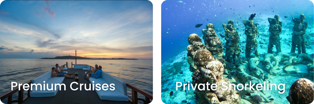 Split image with a sunset cruise scene on the left showing people sitting on a boat deck, and a snorkeling scene on the right featuring a group of people snorkeling near coral reefs.