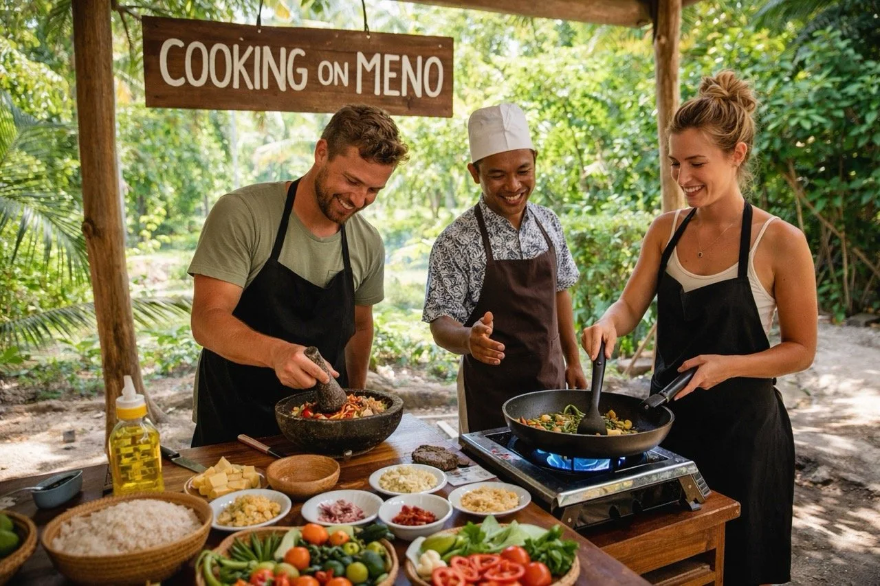 Three people cooking together outdoors under a wooden sign that says 'Cooking on Meno', with various ingredients and vegetables on the table.