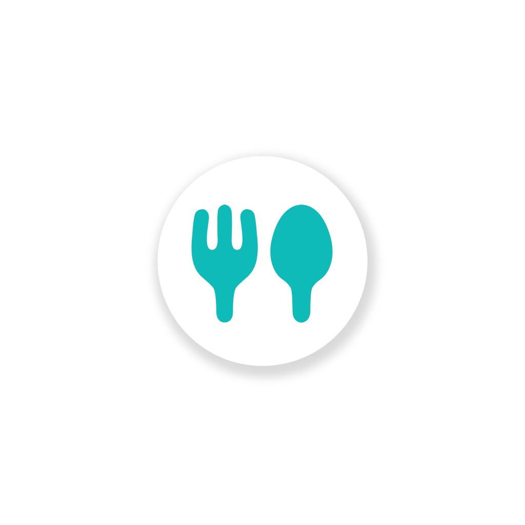 Black circle with a white inner circle containing a teal fork and spoon icon