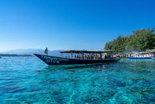 A boat with the words 'Trawangan Dive' on the side floats on clear blue water near a shoreline with green trees and distant mountains in the background.