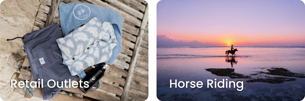 Side-by-side images, left shows clothing and accessories from retail outlets placed on a wooden surface, right shows a person riding a horse in the water at sunset.