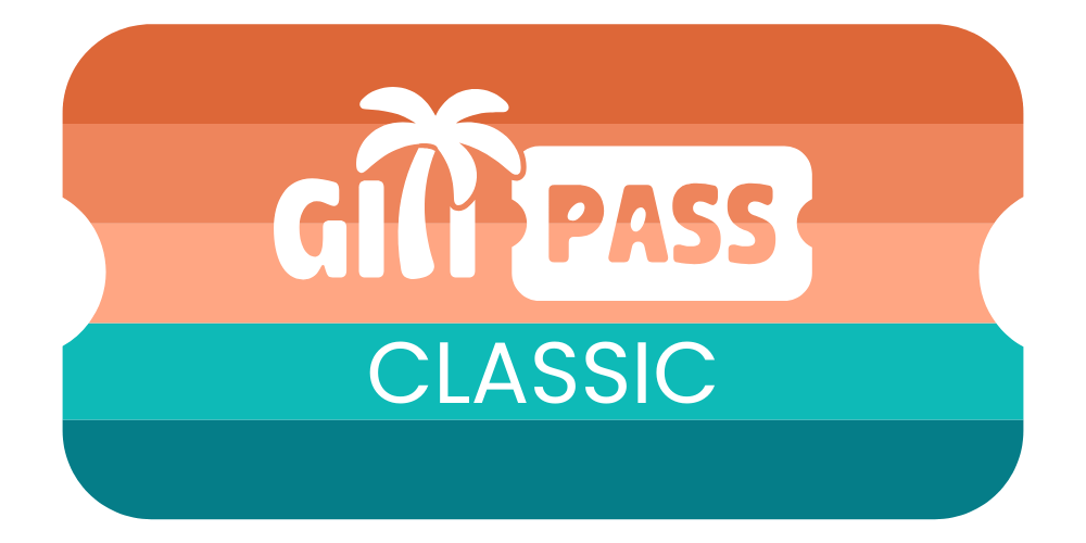 A gift card for GiliPASS Classic with a sunset background, a palm tree, and the brand name in bold letters.