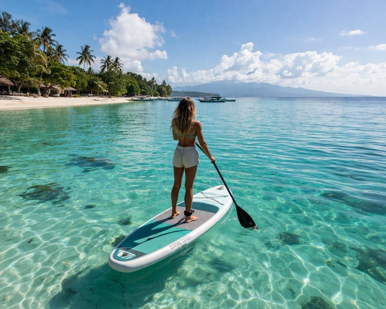 Woman paddleboarding on the Gili Islands in clear turquoise water near a beach with palm trees and boats in the background.