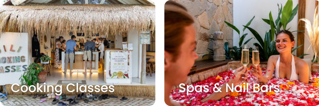 Left side: A beachside cooking class counter with people cooking and a sign that says 'Gili Cooking Classes'. Right side: Two women enjoying drinks in a spa or nail bar, surrounded by flowers and plants.