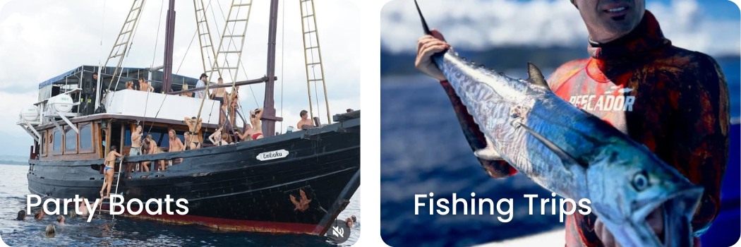Left side: People enjoying a party on a large boat named 'Unaboku' with decks and sails. Right side: Person holding a large fishing catch, wearing a red and black waterproof jacket.