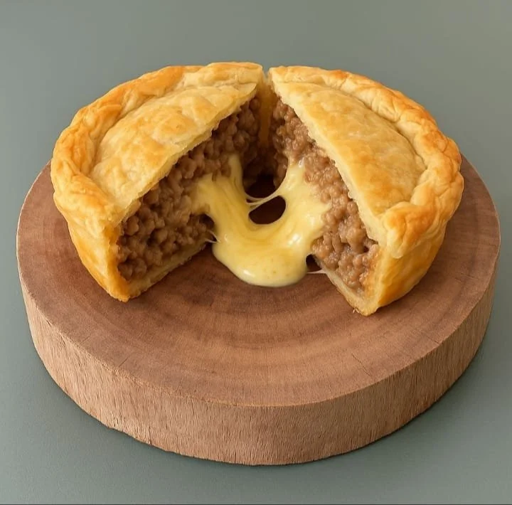 A sliced beef and cheese pot pie with melted cheese inside, placed on a round wooden board.