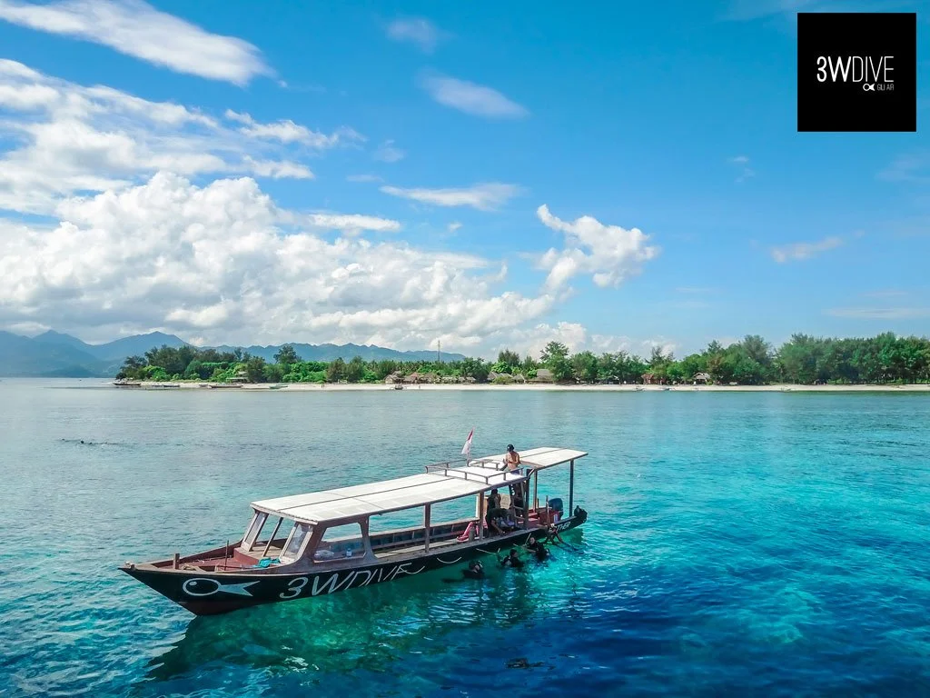 A boat labeled 3WDIVE floats on clear blue water near a tropical island with lush greenery. The sky is partly cloudy with distant mountains in the background.