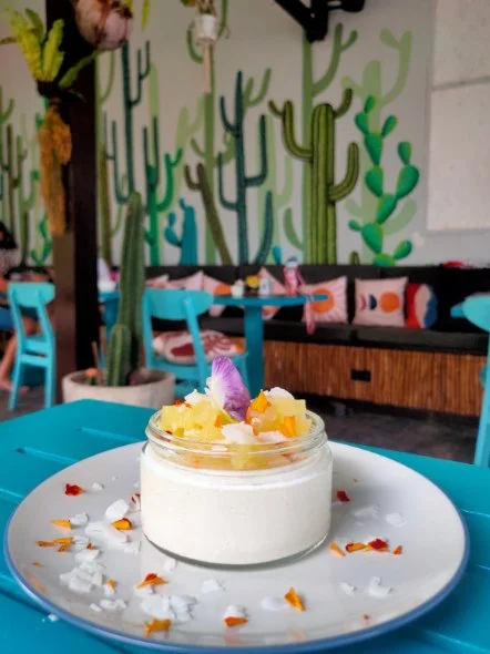 A dessert in a glass jar topped with fruit and edible flowers, placed on a white plate with scattered flower petals, in a brightly decorated cafe with cactus mural wall and blue tables and chairs.