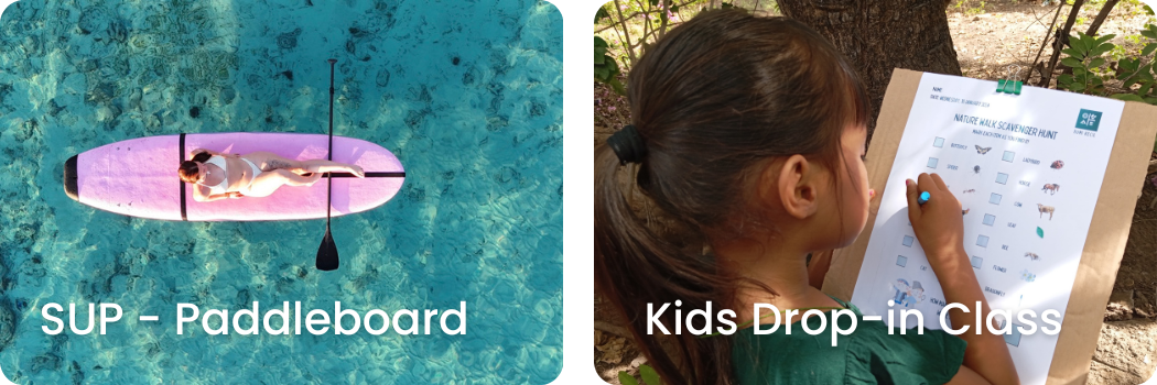 A person paddling a purple and black paddleboard on blue water, viewed from above; a young girl in a green shirt and ponytail marking a scout sheet outdoors in a nature setting.