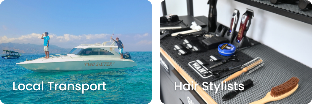 A boat on the water with two people waving, and a workbench with hair styling tools including clippers, scissors, a hairbrush, and styling products.