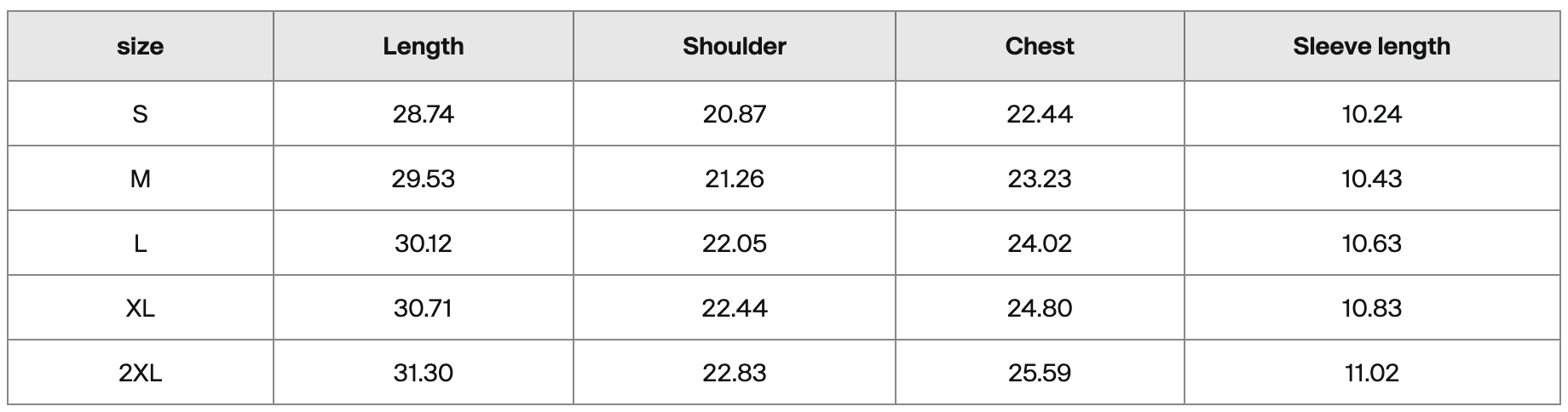 A size chart for a clothing item with measurements in inches for sizes small through 2XL, including length, shoulder, chest, and sleeve length.