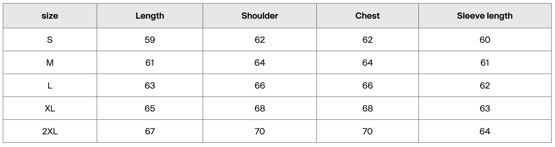 A size chart table displaying measurements for small, medium, large, extra-large, and 2XL sizes with columns for length, shoulder, chest, and sleeve length.