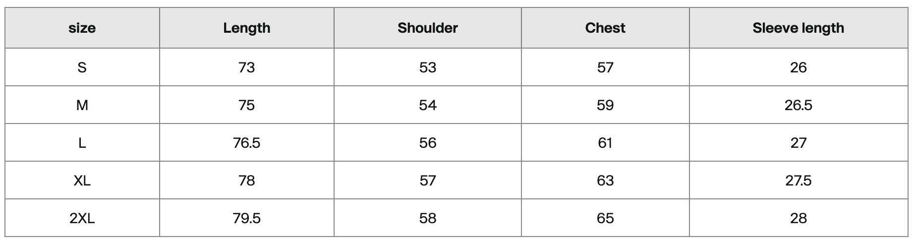 A size chart for clothing with measurements in centimeters, including size options S, M, L, XL, and 2XL, and their corresponding length, shoulder, chest, and sleeve length.