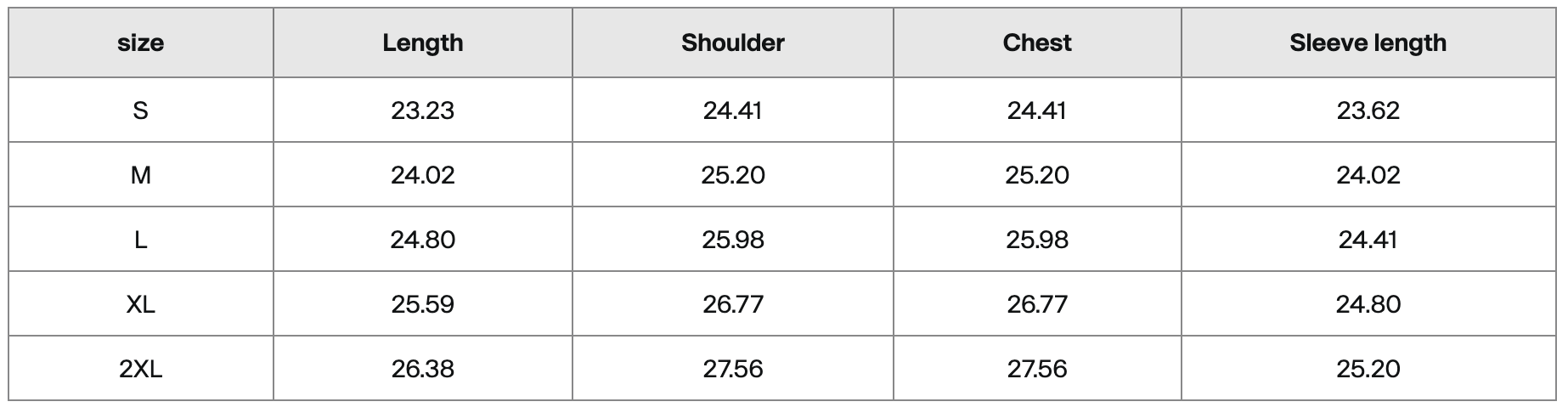 Table displaying clothing size measurements for sizes S to 2XL, including length, shoulder, chest, and sleeve length in inches.