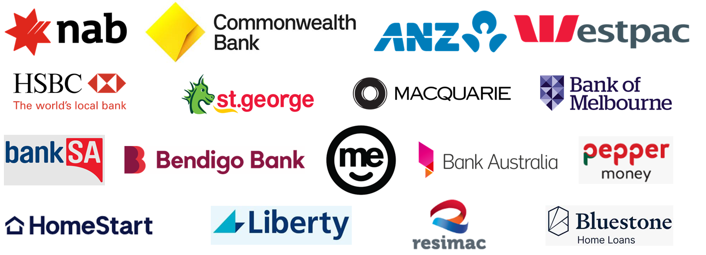 A collage of various bank and financial service logos, including NAB, Commonwealth Bank, St. George, BankSA, Bendigo Bank, ME, Pepper Money, HomeStart, Liberty, Resimac, Bluestone, and others.