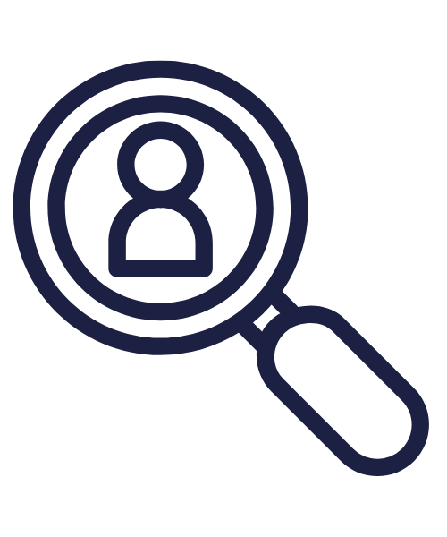 Magnifying glass with a person icon inside, symbolizing search or recruitment.