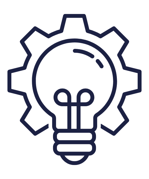 A line drawing of a light bulb inside a gear, symbolizing innovation and engineering.