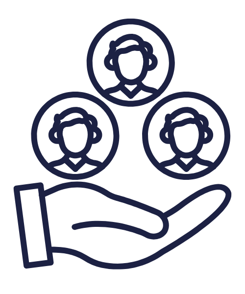Outline icon of a hand holding three people arranged in a triangle, representing teamwork or community.