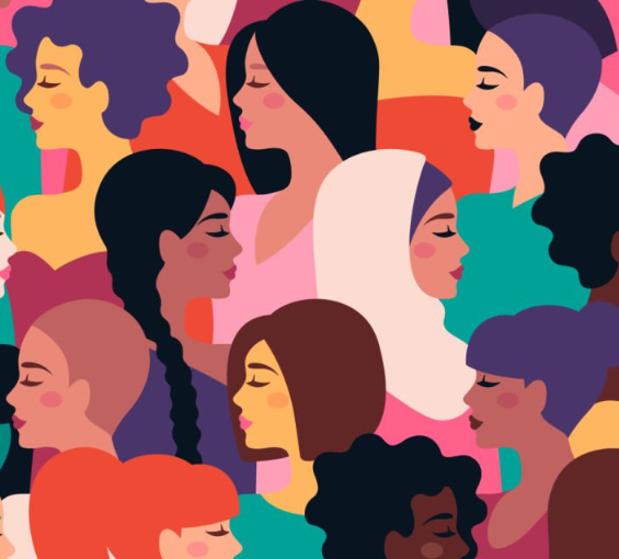 Illustration of diverse women with different hair styles and skin tones, some with makeup, in various shades of pink, purple, and teal, all facing different directions.