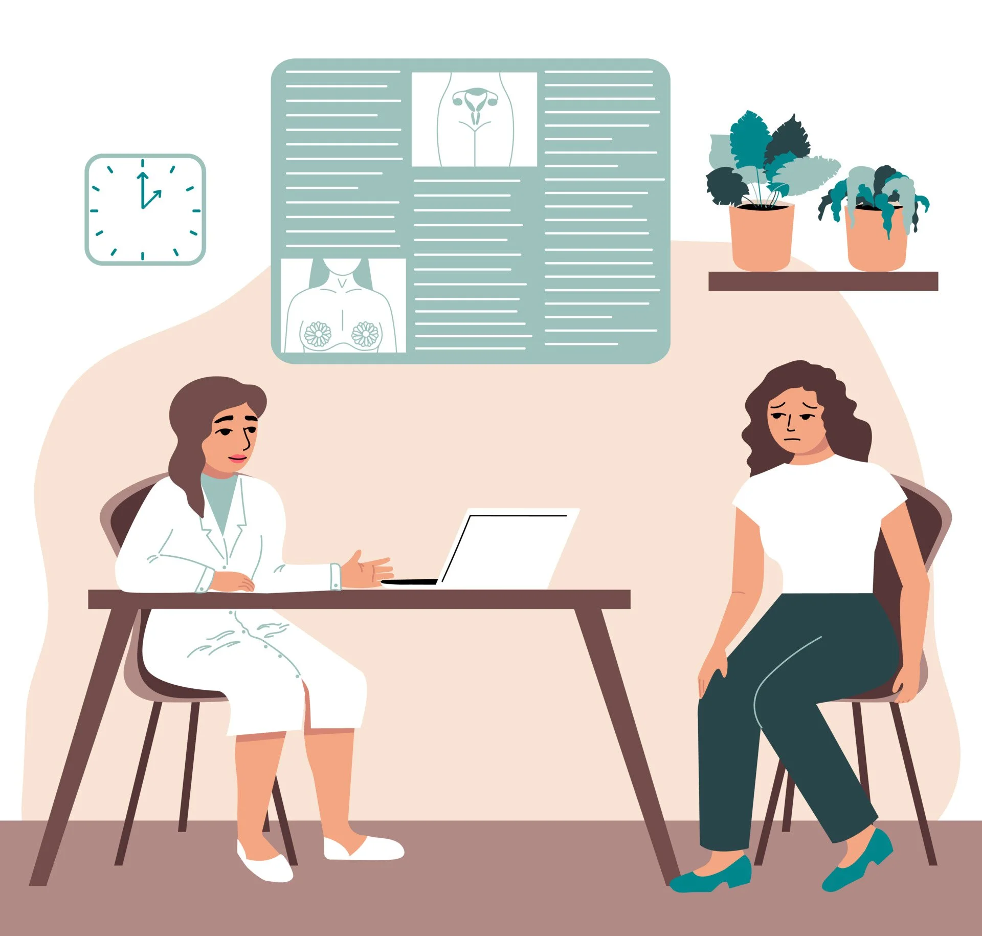 Illustration of a woman doctor talking to a female patient in a medical office, with medical images, plants, a wall clock, and a computer on the desk.