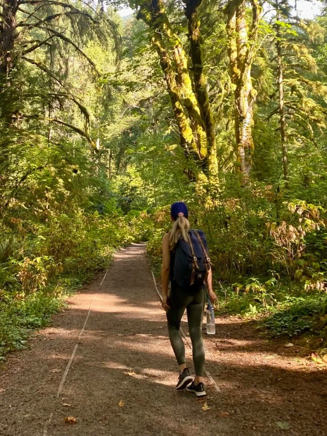 A woman with a backpack walking on a forest trail surrounded by green trees and foliage, with sunlight filtering through the canopy.