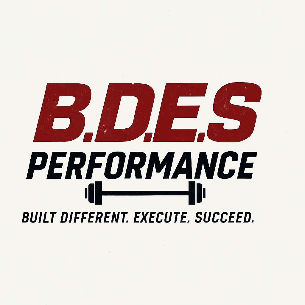 B.D.E.S Performance logo with a barbell icon and the slogan 'Built Different. Execute. Succeed.'